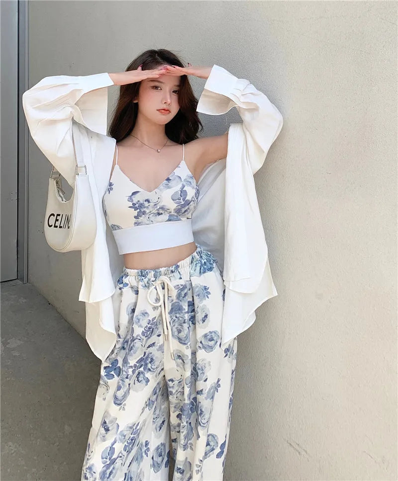 Elegant Floral Print Two Piece Sets Women Fashion V-Neck Straps Tops Drawstring Elastic Pants Outfits Casual Holiday Chic Suit