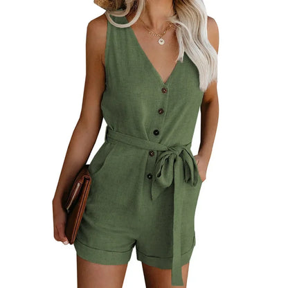 Women's Casual V-neck Monochromatic Jumpsuit, Five-Point Shorts, European and American, Summer, New, 2024